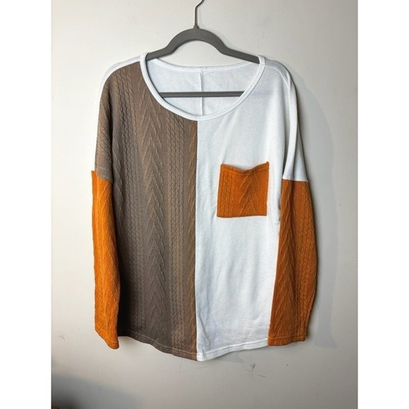 Tops - Plus Size 1X Color Block Textured Lagenlook Fall Long Sleeve Casual Artsy Top